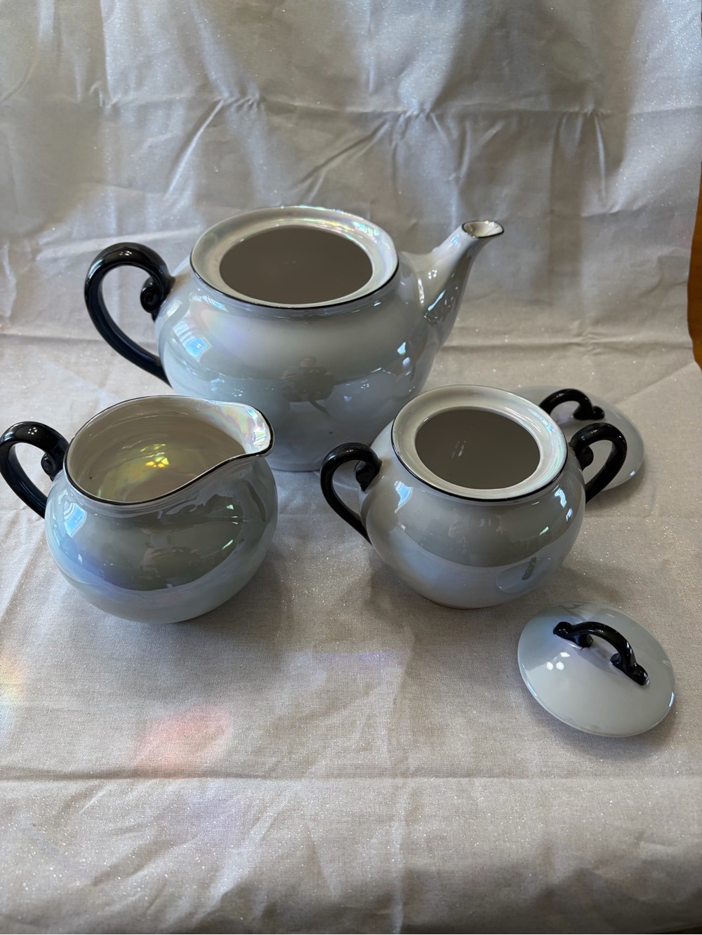 Atlantic Czechoslovakia Sky Blue Luster Ware Black Handle Teapot, Sugar& Creamer - Picture 2 of 16